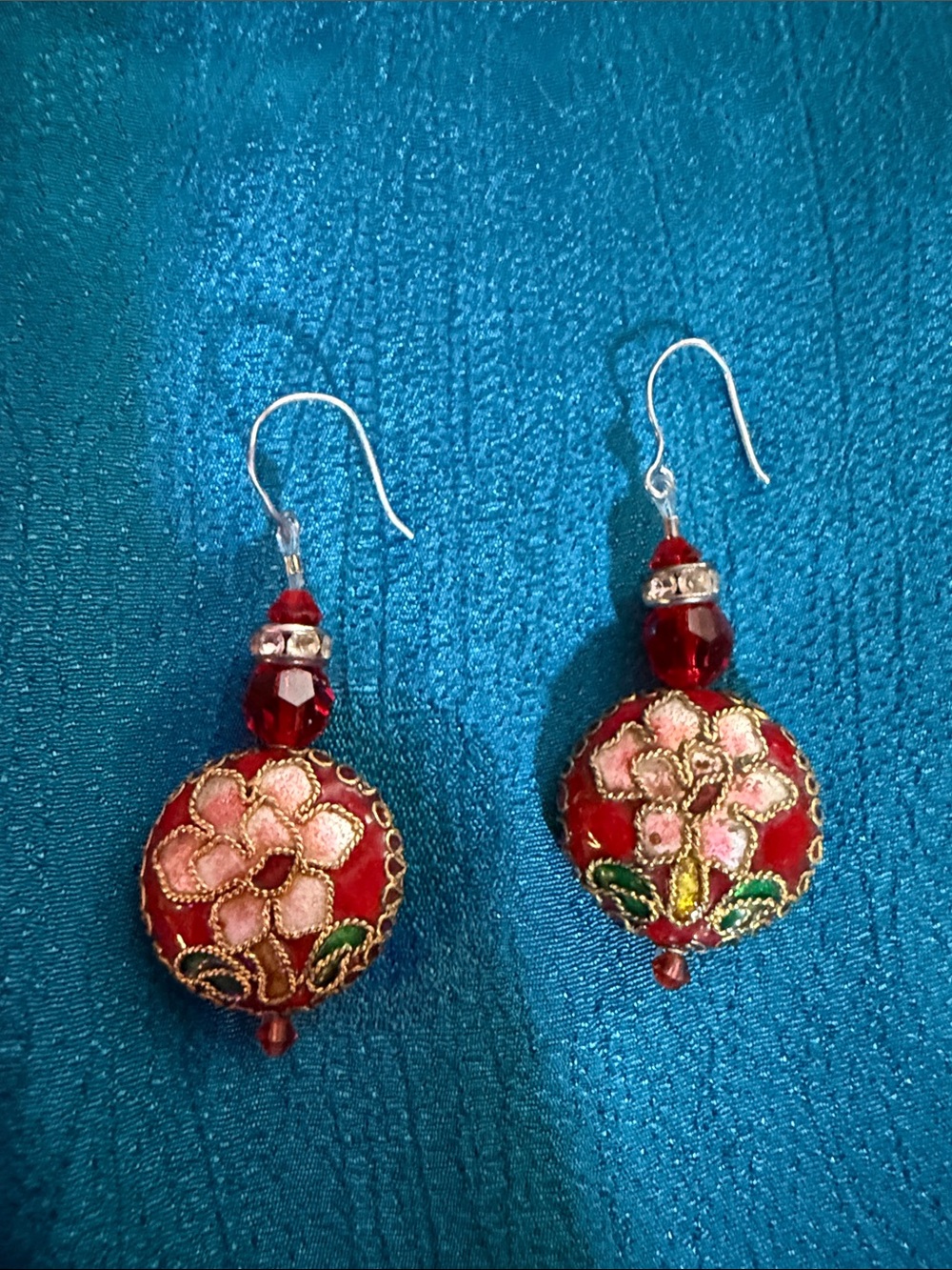 Red Floral Drop Earrings with Pink Embroidery and Gold Accents